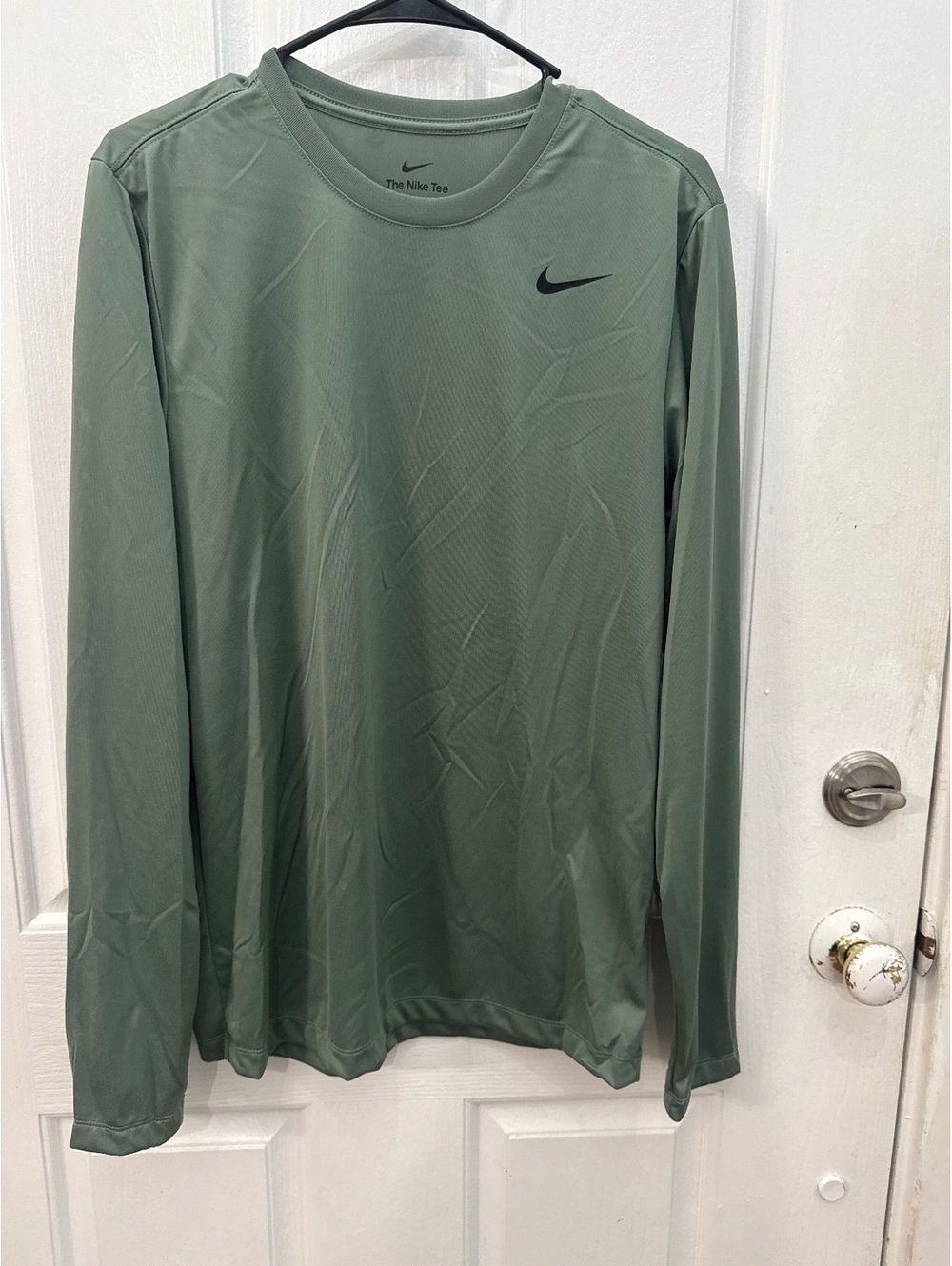 Nike Dri-FIT Small Olive Green Long Sleeve Performance Tee with Black Swoosh